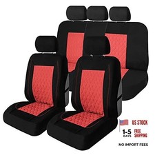 Universal Fit Diamond Stitched Flat Cloth Car Seat Covers Full Set - Red
