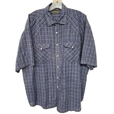 Western Pearl Snap Mens Shirt XL Short Sleeve Blue,White Plaid Cowboy