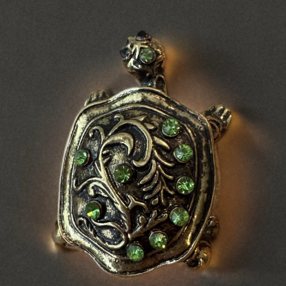 Broche Tortuga Vintage Verde Estrás Concha Figura Prendedor Tono Dorado Joyería Foto 4 de 4
