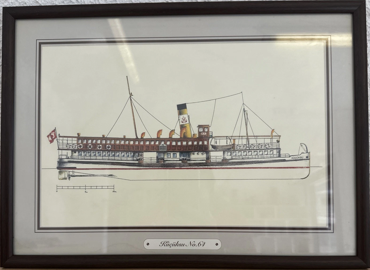 Cadre Gravure Vintage De Bateau Avec Drapeau Turc «  Küçüksu No.64  »