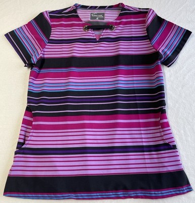 Butter Soft Stretch Lovely Stripes Scrub Top Scalloped Neckline Ring Detail XS
