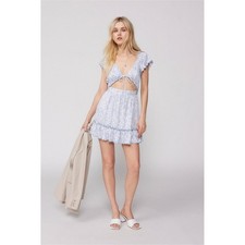 Urban Outfitters Floral Cutout Mini Dress Blue White Tie Front Ruffle Size S