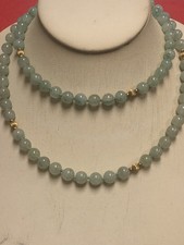 VTG JADE NEPHRITE 8 MM BEADS 32" LONG SINGLE STRAND SMALLER GOLD BEADS NECKLACE