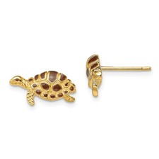 14k Yellow Gold Brown Enamel Turtle Fancy Stud Earrings L15mm, W 8.3mm