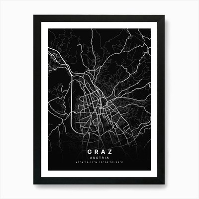 Graz Österreich schwarze Karte Kunstdruck gerahmt Wandbild Poster Leinwanddruck Bild