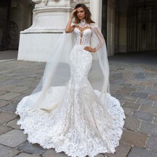 Sweetheart Mermaid Wedding Dresses With Cape Illusion Lace Applique Bridal Gowns