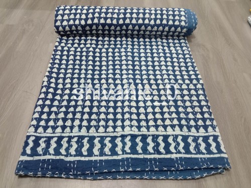 Indigo Print Cotton Kantha Quilt Throw Indian Hand Block Kantha Bedspread Throw - Bild 3 von 5
