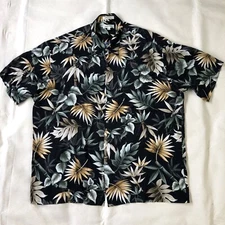 Pierre Cardin Vintage Rayon Hawaiian Tropical Shirt Palm Leaves Black Excellent