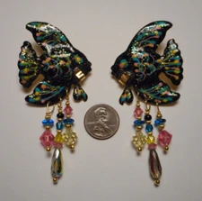 1987 Lunch at the Ritz Enameled Black Angelfish Drop Pierced Earrings w Crystals