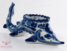 Gzhel Porcelain Caviar server bowl holder fish "Sturgeon" Acipenser Hand painted