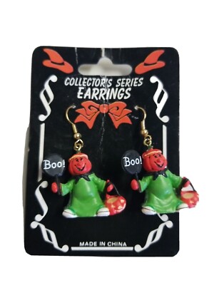 Halloween Ghost Pumpkin Trick-a-treating Pierced Earrings Green & Orange Dangle