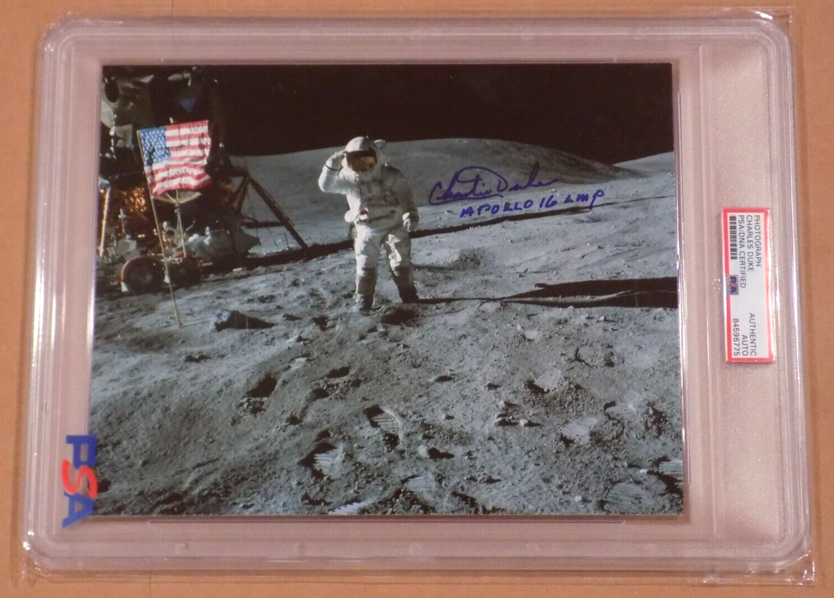 NASA Apollo 16 Charlie Duke Signed Flag Salute Photograph 10th