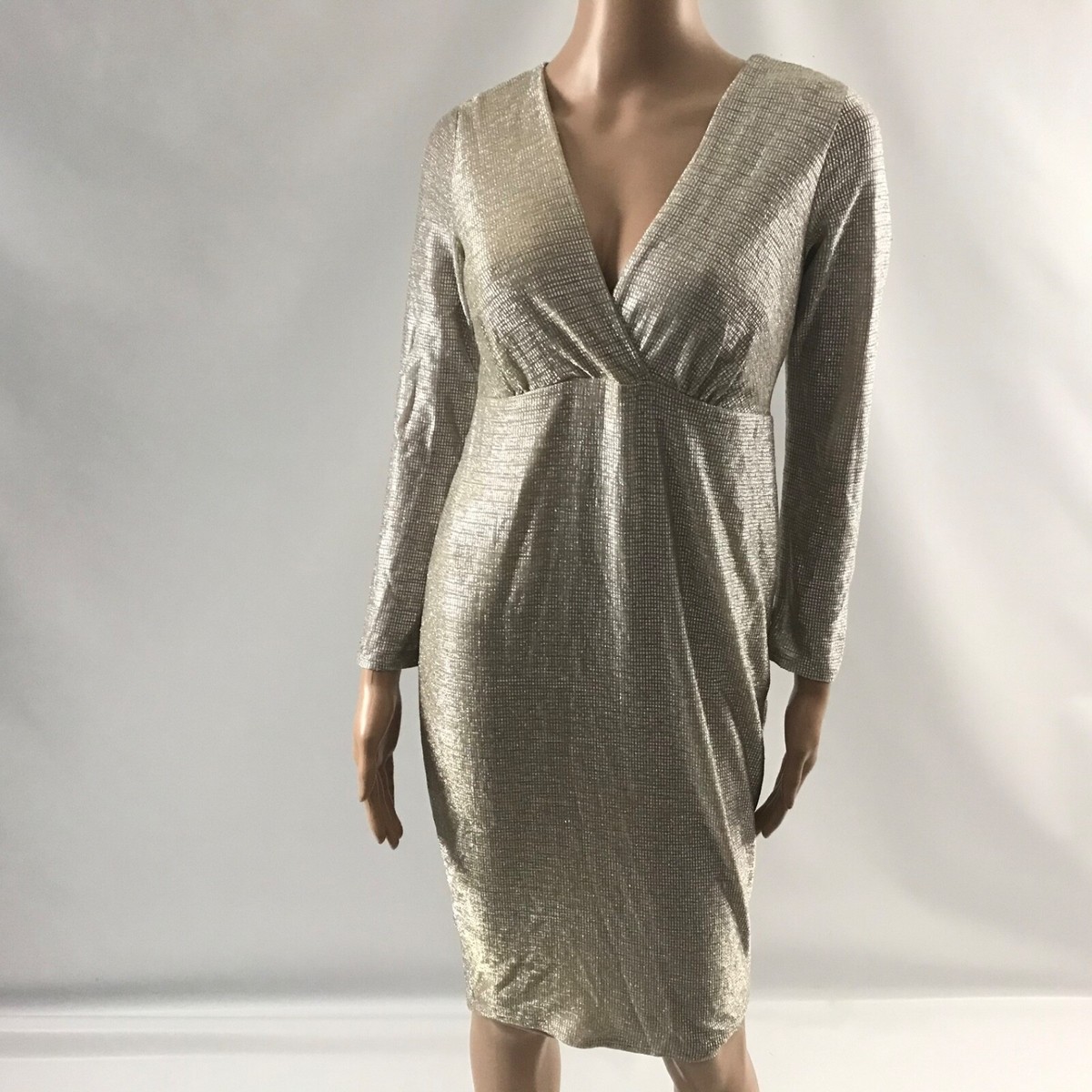 flounce london sequin dress Flounce London Women’s Size 6 Dress V-neck LongSleeve Gold Tan Glitter  Shiny New