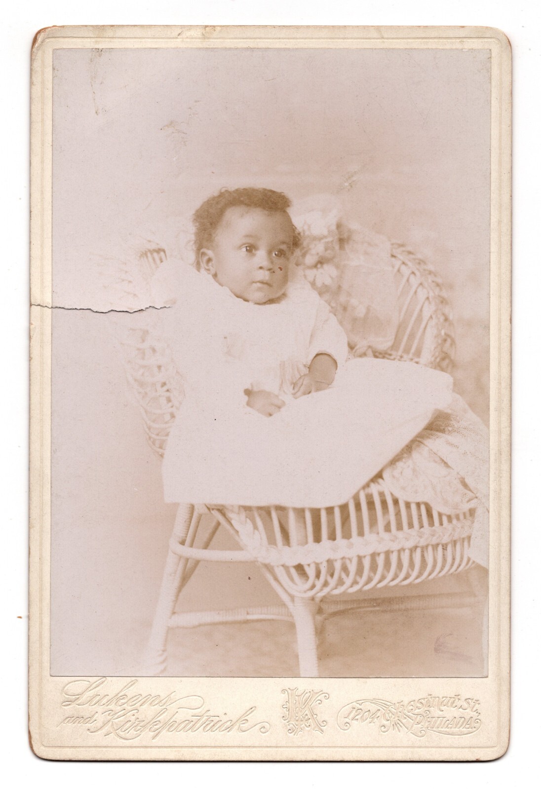 c1890s CABINET CARD LUKENS AFRICAN AMERICAN BABY IN WHITE DRESS PHILADELPHIA PA.