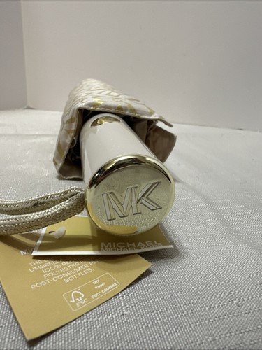 Michael Kors NWT Automatic Open Travel Umbrella Signature Logo Print Cream/Gold - Picture 2 of 8