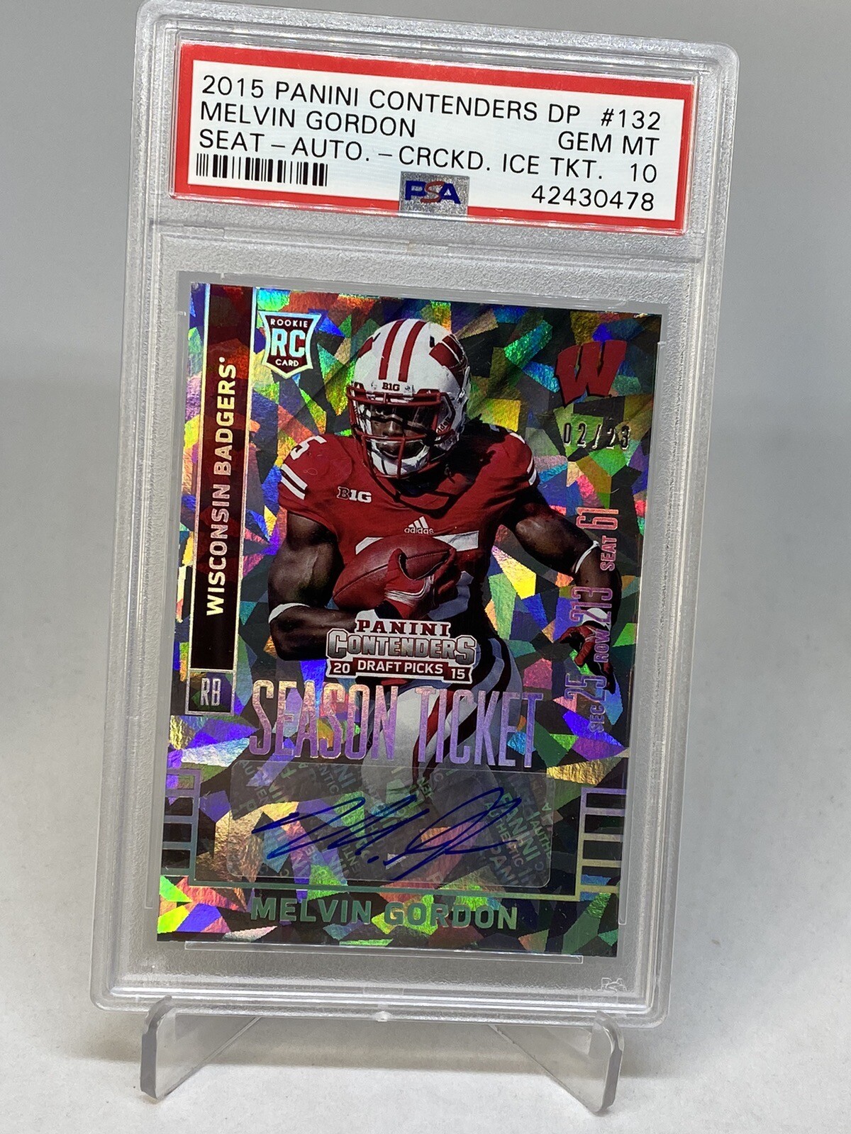 2015  Contenders Cracked Ice Melvin Gordon RC ROOKIE AUTO /23 PSA 10 GEM MT POP2 view 2