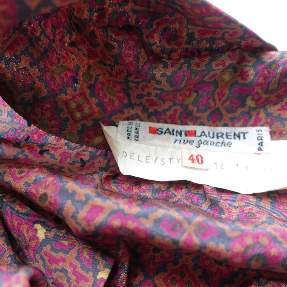 Saint Laurent Rive Gauche Top 40 Silk Puff Blouse Bow Tie Button Small VINTAGE - Image 2 of 4