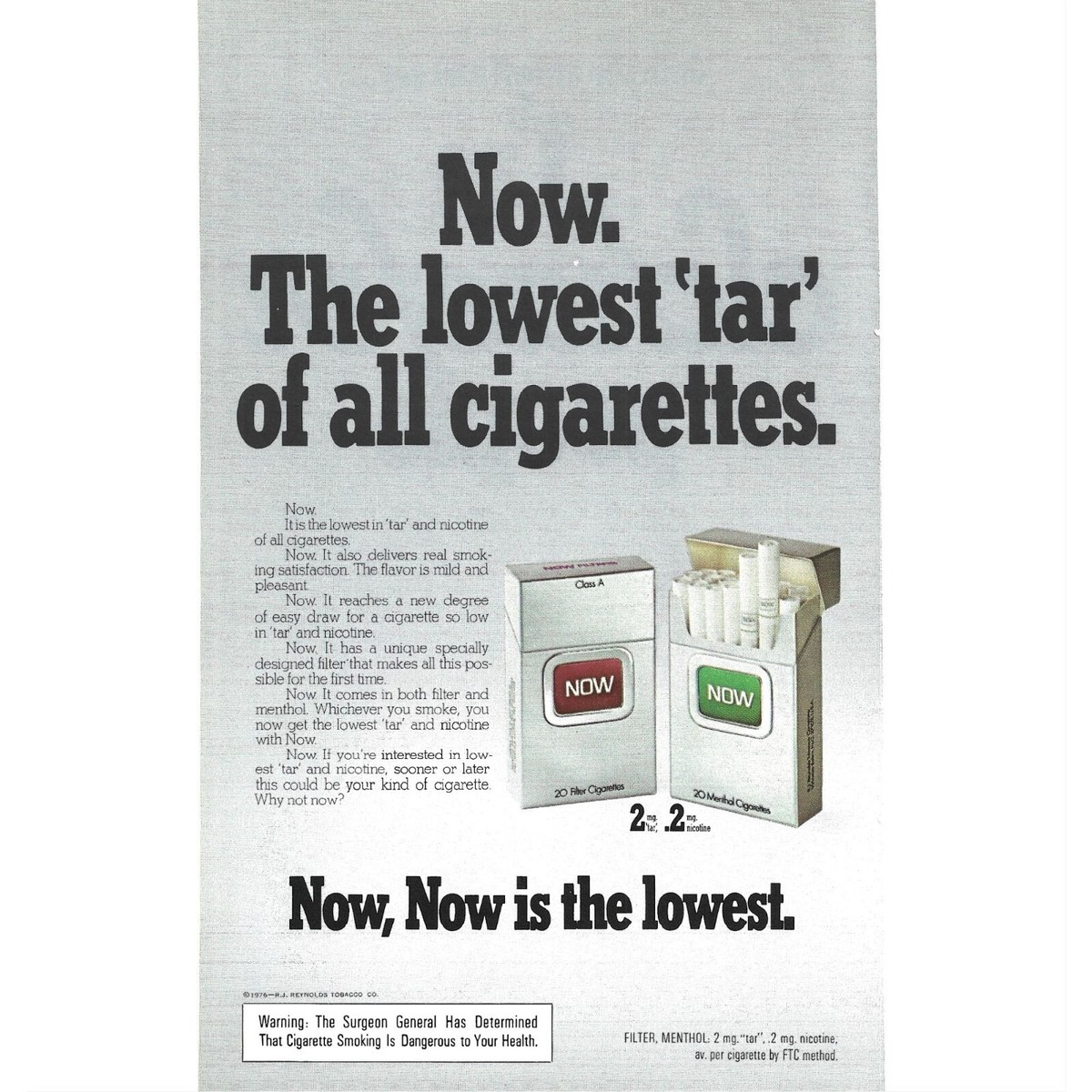 lowest tar and nicotine cigarettes 2024 Now Lowest Tar Cigarette Ad 1970s Vintage Print Ad 9 inch