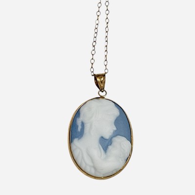 JCM 10K Yellow Gold Pendant Blue Jasper Mother Baby Oval GF Chain Jacmel