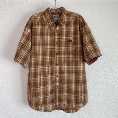 Carhartt L Plaid Shirt Camel Light Brown Camp Short Sleeve Pocket 100% Cotton