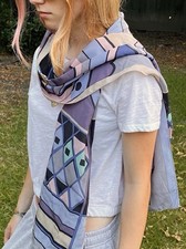 Rare Vintage LIBERTY 100 Silk Scarf Blue Tan Geometric Abstract Art Deco 33x65
