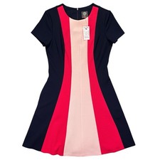 Vince Camuto Women’s Fit & Flare Dress Size 8 NWT Navy Pink Short Sleeve
