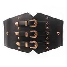 Women Super Wide Faux Leather Belt Elastic Stretch Corset Punk Rivet Waistband