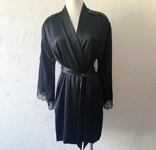 Victoria  s Secret Satin Robe Wide Sleeves Sheer Lace and Waist Tie, Size M/L