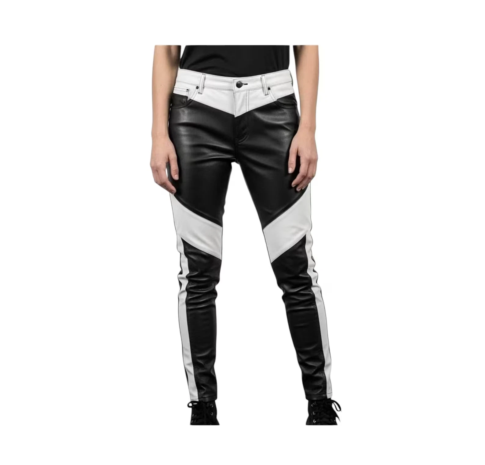 Men Leather Pants Black White Slim Fit Motorcycle Handmade Biker Style Pant