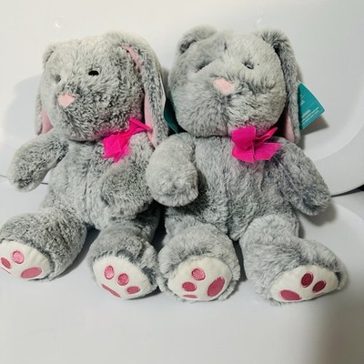 Gray Bunny Plush Stuffed Animal Pink Ribbon- Easter- Bunnies -Set Of 2