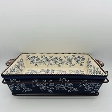 Temptations Baking Dish Tara Floral Lace Blue 2.5 qt With Metal Carrier Trivet