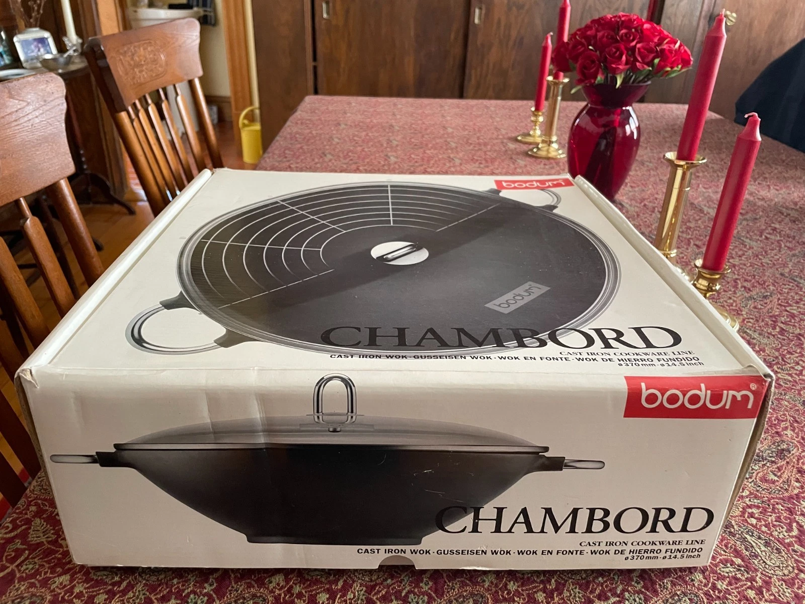 Bodum Chambord Cast Iron Large Wok With Glass Lid, New