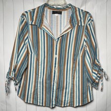VTG Striped Button Up Blouse Top Cinched Tie Sleeve Made In USA 90s Y2K Look 2X