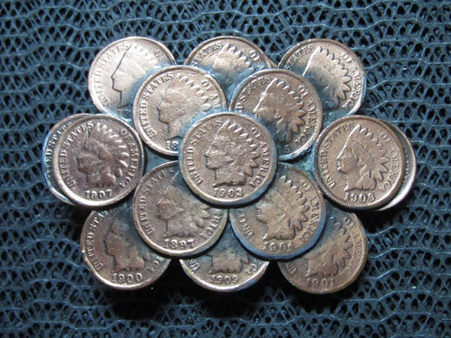 INDIAN PENNY CLUSTER DESIGN BELT BUCKLE! VINTAGE! GREAT AMERICAN BUCKLE CO! 1983
