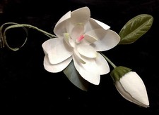vintage 1940s cotton silk flower 2.5" bud 1" magnolia leaves 1pc made Japan
