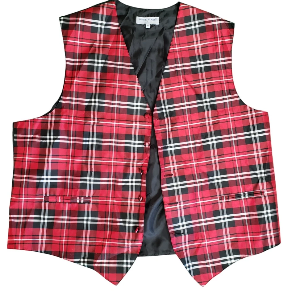 Conjunto de chaleco y corbata a cuadros Vesuvio Napoli negro rojo blanco para hombre talla 3XL Foto 3 de 4