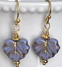 Romantic Gold and Purple Maple Leaf Dangle Earrings. Lavender. Lilac