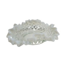 Hobnail Opalescent Bon Bon Candy Dish Bowl Ruffled Fenton Clear Glass White Rim