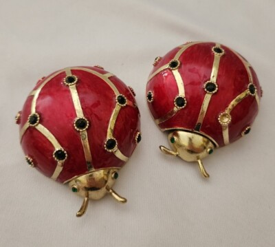 Lot 2 Lady Bug Trinket  Box Red Enamel Jewel Black Spots Green Eyes Gold Metal