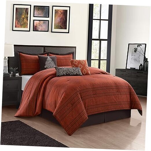 Comforter Set Size,7 Pieces Microfiber Print Bedding Set, All Queen Rust-image