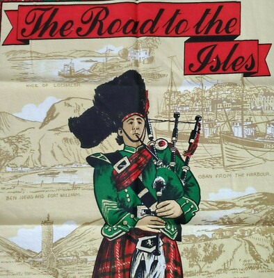 TEA TOWEL Scottish Bagpiper The Road to the Isles Scotland Dunluce