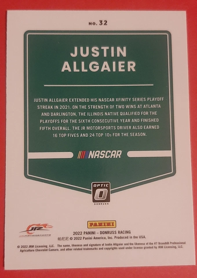 2022 Donruss Racing Optic #32 Justin Allgaier - Chevrolet - Image 2 of 2