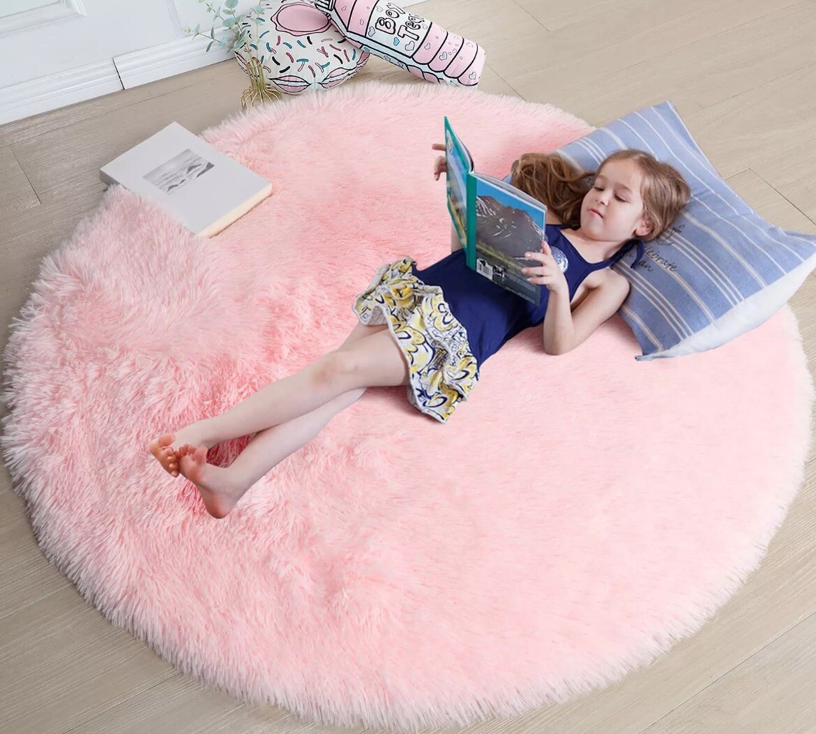 4X4 Ft Pink round Rug for Girls Bedroom Fluffy Circle Rug for