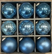 Tinsel and Fir Blue Kugel Style Glass Heavyweight Christmas Ornaments Set Of 9
