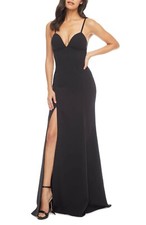 DRESS the POPULATION Black Plunge V-Neck Open Back Hi-Slit Maxi Gown S 4/6 NEW