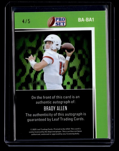 BRADY ALLEN 2025 Leaf Pro Set Metal Football GREEN PRISMATIC Auto #4/5 - Picture 2 of 2
