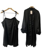 Nasty Gal Black Feather Trim Satin Dressing Gown Robe US 10 & Swing Dress US 14