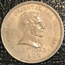 HIGH GRADE AU 1960 URUGUAY ONE PESO COIN-AGT222