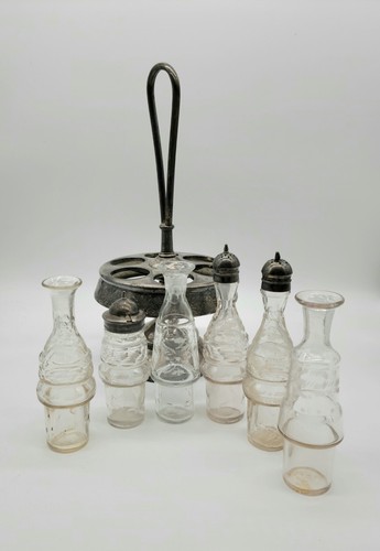 Antiguo conjunto de 6 botellas Cruet Caddy de condimento plateado plateado - Imagen 4 de 11