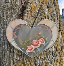 VTG Signed Painted Stained Glass Style Sun Catcher Hanging Heart Pink Florals